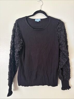 CeCe Black Crewneck Sweater with Textured Floral Sleeves